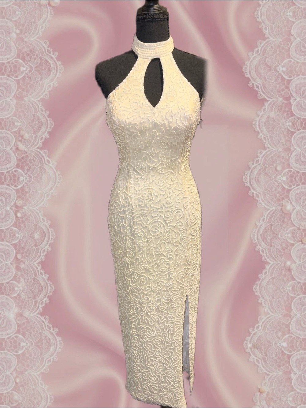 100% Silk Halter Ivory Lace Midi Dress with Keyhole Neckline and Slit